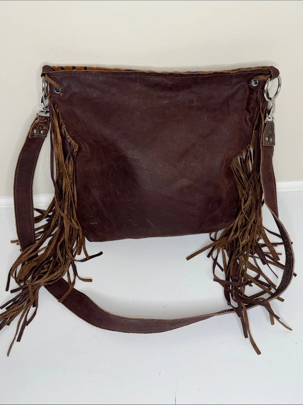 Brown and Tan Leather Fringe Hobo Bag with Turquoise Accent